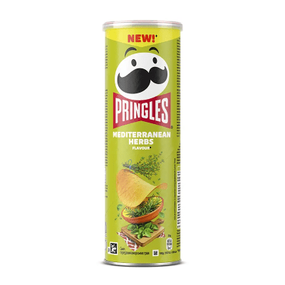 Zoom bild av Pringles Mediterranean Herbs 165g grön burk med bild på örter och potatischips