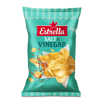 Zoom bild av Turkos påse med Estrella Salt & Vinegar Chips, krispiga potatischips med smak av salt och vinäger, 160g