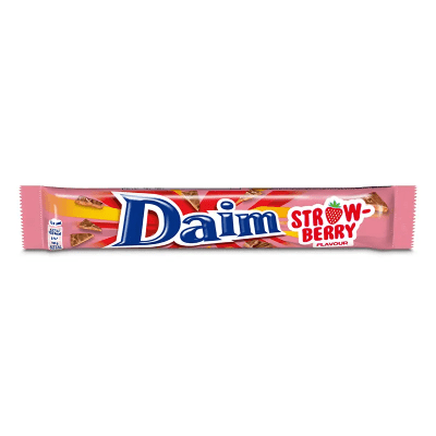 Daim Dubbel Strawberry 56g – choklad med mandelkrokant och jordgubb i 36-pack.