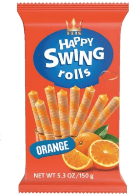 Zoom bild av Påse med Happy Swing Rolls Orange från FLIS, krispiga rullvafer med apelsinsmak, 150g
