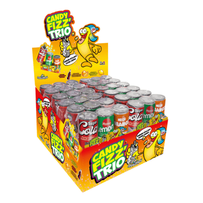 Zoom bild av Funny Candy Fizz Trio 24x21g displaykartong med miniatyrburkar i smakerna Cola, Citron och Apelsin