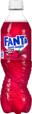 Zoom bild av Fanta Zero Hallon 50cl PET-flaska med röd etikett och raspberry taste text, sockerfri hallonläsk