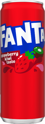 Zoom bild av Röd Fanta-burk 33cl med smaken strawberry kiwi, illustrerad med jordgubb och kiwi på förpackningen