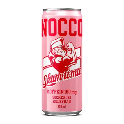 Zoom bild av Rosa NOCCO Skumtomte-burk 330 ml med muskulös tomtefigur, märkt koffein 180 mg, sockerfri och kolsyrad