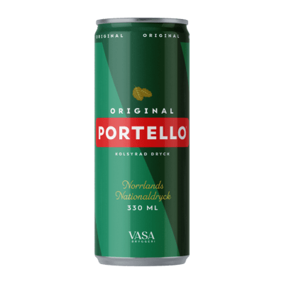 Zoom bild av Grön 330 ml burk med Portello Original från Vasa Bryggeri, kolsyrad läskedryck kallad Norrlands Nationaldryck