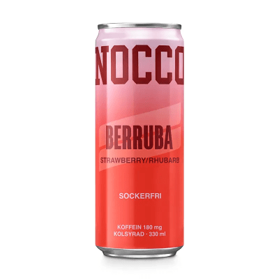 Zoom bild av NOCCO Berruba 330ml sockerfri energidryck med smak av jordgubb och rabarber, kolsyrad, 180mg koffein, röd och rosa burk