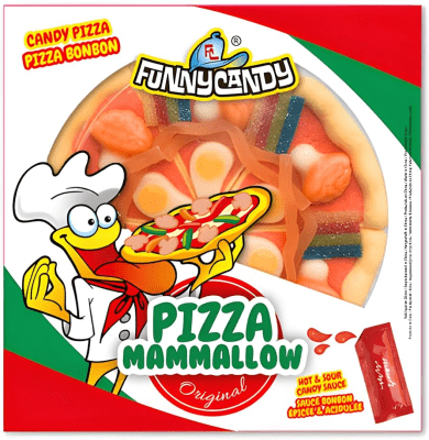 Zoom bild av Funny Candy Pizza Mammallow Original 214g i pizzaformad förpackning med färgglad marshmallow och gelégodis samt medföljande cand