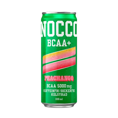 Zoom bild av Grön NOCCO BCAA+ Peachango-burk 330ml, koffeinfri kolsyrad funktionsdryck med smak av persika och mango