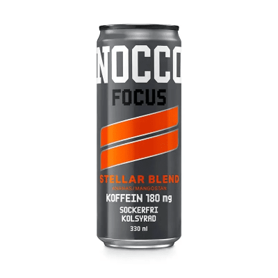 Zoom bild av Mörkgrå NOCCO Focus Stellar Blend burk 330 ml med orange ränder och smak av ananas och mangostan, 180 mg koffein, sockerfri