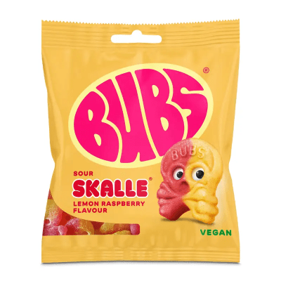 Zoom bild av Gul påse med Bubs Sour Skalle godis i smakerna citron och hallon, märkt Vegan, 155g