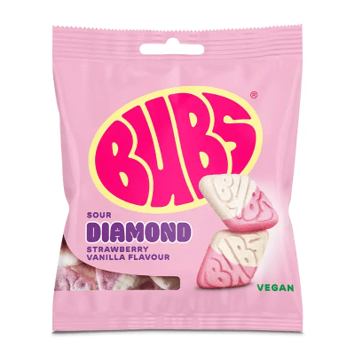 Zoom bild av Rosa påse med Bubs Sour Diamond Strawberry Vanilla godis, diamantformade sursöta skumgodisbitar med jordgubb och vaniljsmak, mär