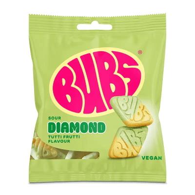 Zoom bild av Ljusgrön påse med Bubs Sour Diamond Tutti Frutti Flavour skumgodis, veganskt, 155g