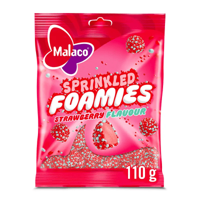 Zoom bild av Rosa påse Malaco Sprinkled Foamies Strawberry 110g med strösslat skumgodis i jordgubbssmak