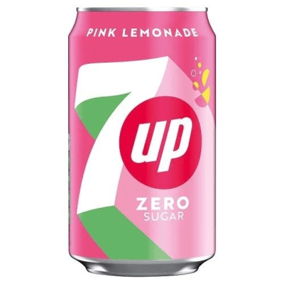 7UP Pink Lemonade Zero 330 ml – lemon-lime soda med hallon, utan socker, i rosa förpackning