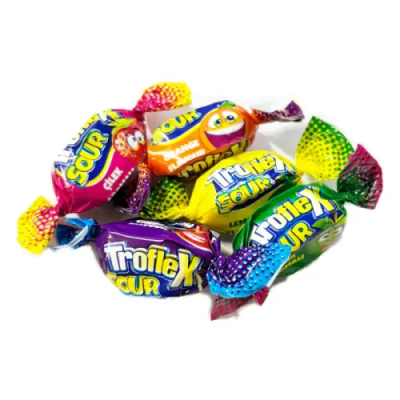 Zoom bild av Troflex Fylld Fruktkola Sour 800g – färgglatt inslaget surt kolagodis i smakerna apelsin, citron, jordgubb och vattenmelon