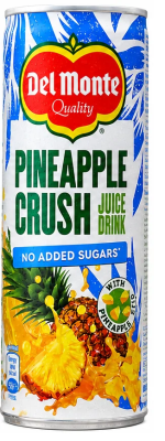 Zoom bild av Del Monte Pineapple Crush Juice Drink 240ml burk med ananas, blå och vit förpackning med texten No Added Sugars