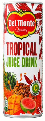 Zoom bild av Del Monte Tropical Juice Drink 240ml röd aluminiumburk med ananas, mango och guava samt logotypen Del Monte Quality