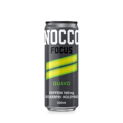 Zoom bild av Mörkgrå burk med NOCCO Focus Guavo 330ml, med gula och gröna diagonala ränder och texten Koffein 180mg Sockerfri Kolsyrad