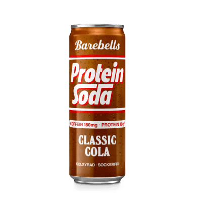 Zoom bild av Barebells Protein Soda Classic Cola 355ml brunröd burk med text Protein Soda, Koffein 180mg och Protein 10g, kolsyrad och socker