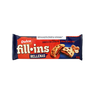 Zoom bild av Dulca Fill-ins Rellenas cookies 120g med hasselnötskrämfyllning och chokladchips, förpackning med 6 cookies