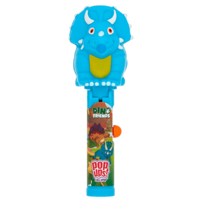 Zoom bild av Dino Friends Pop Ups Lollipop med blå triceratops-figur i toppen och displayförpackning med dinosauriemotiv