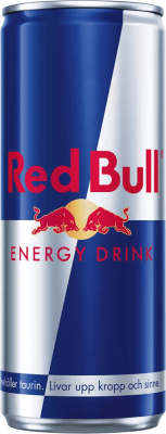 Zoom bild av Blå burk Red Bull Energy Drink 250ml med röd och silver logotyp och texten Livar upp kropp och sinne