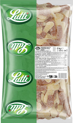 Zoom bild av Lutti Surffizz Cola XL gelebaserade colatungor i grön förpackning på 2 kg
