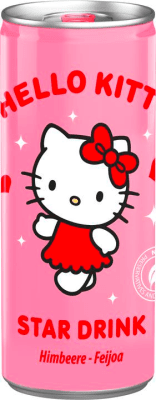 Zoom bild av Rosa Hello Kitty Star Drink-burk 250ml med hallonsmak och Hello Kitty-figur i röd klänning på förpackningen