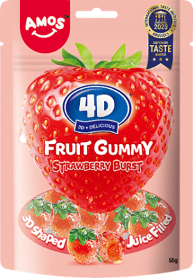 Zoom bild av Amos 4D Fruit Gummy Strawberry 12x65g – 3D-formade jordgubbsgodisar i premium gelékvalitet.