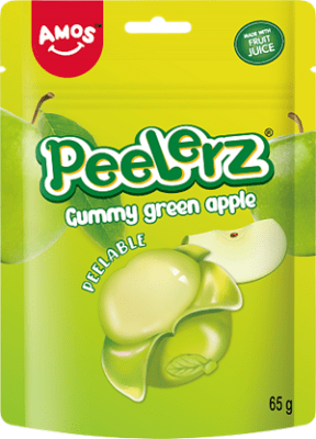 Zoom bild av Amos Peelerz Green Apple 12x65g – syrligt gelégodis i skalbara strimlor med smak av grönt äpple.