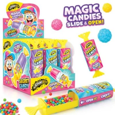 Zoom bild av Johny Bee Jb Secret Pop 12x10g displaykolli med slide-and-open förpackningar och färgglatt tuggbart godis
