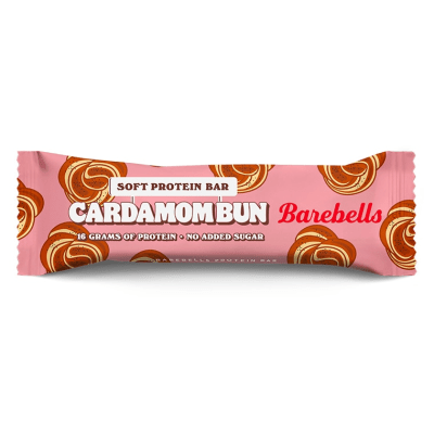 Zoom bild av Barebells Soft Protein Bar Cardamom Bun 55g med rosa förpackning och kardemummabullemönster
