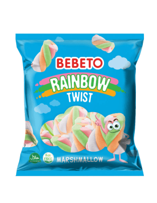 Bebeto Marshmallow Rainbow Twist – färgglada vridna marshmallows, 12×60 g