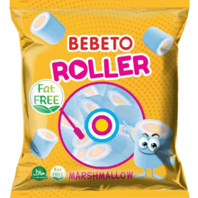 Bebeto Marshmallow Roller 60 g – färgglada vridna marshmallows i praktisk 12-pack