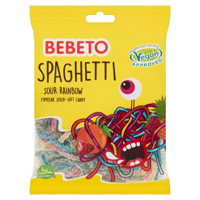 Bebeto Spaghetti Rainbow 70g – färgglada, syrliga gelésträngar med fruktsmak