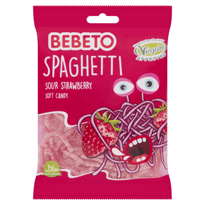 Bebeto Spaghetti Sour Strawberry 70 g – vegan och halal godisremmar i jordgubbssmak