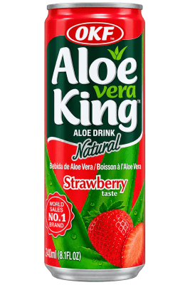 Zoom bild av OKF Aloe Vera King Strawberry aloe vera-dryck 240ml röd och grön burk med jordgubbs- och aloe vera-motiv