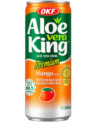 Zoom bild av OKF Aloe Vera King Mango aloe vera-dryck i 240 ml burk med gul och grön förpackning, mangomotiv och texten World Sales No.1 Bran