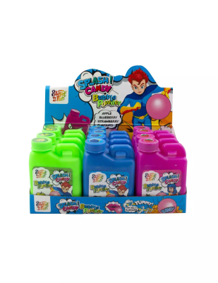 Zoom bild av Splash Candy Bubble Powder 12x40g, display med 12 färgglada burkar i rosa, lila och blå färger med tecknad pojke på förpackninge