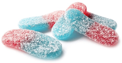 Zoom bild av Närbild på rosa och blå sockertäckta gelégodis i form av mini-tungor från Lutti Bubblizz Mini Surf