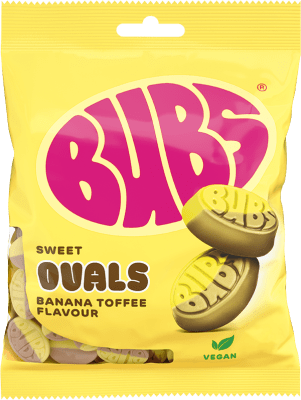 Zoom bild av Gul påse med Bubs Banan/Toffee Ovals Sweet Ovals Banana Toffee Flavour veganskt segodis