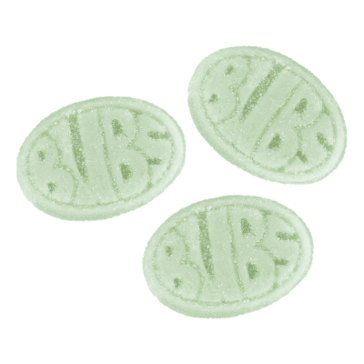 Zoom bild av Tre gröna ovala sockrade skumgodisbitar av märket Bubs Cool Fruity Pear Mini med präglad text på vit bakgrund
