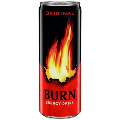 Burn Energy Original 250ml – klassisk energidryck med koffein i 12-pack, perfekt för kiosker, butiker och livsmedelsbutiker.