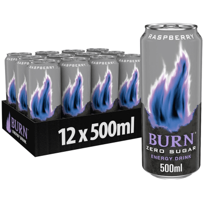 Burn Raspberry Zero 12x50cl – sockerfri energidryck med smak av hallon, 12-pack.