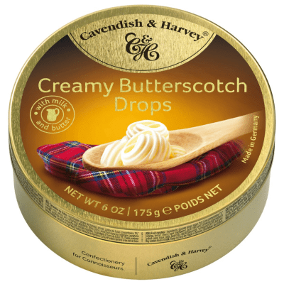 Cavendish Creamy Butterscotch 9x175g – klassiska engelska karameller med krämig smörkolasmak, perfekt för kiosker och butiker.