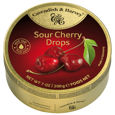 Cavendish & Harvey Sour Cherry Drops 200g – syrliga körsbärskarameller i plåtask