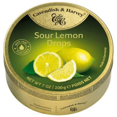Cavendish & Harvey Sour Lemon Drops 200g – syrliga citronkarameller i plåtask
