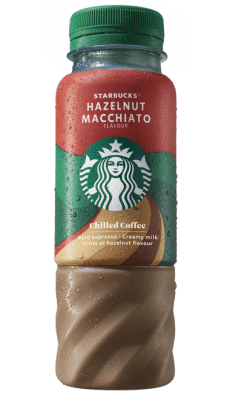 Zoom bild av Starbucks Hazelnut Macchiato Chilled Coffee 220ml PET-flaska med grön kork, röd och grön etikett med Starbucks-logotyp