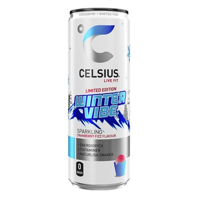 Zoom bild av Celsius Winter Vibe Limited Edition Sparkling Cranberry Fizz energidryck 355ml, vit och blå burk med snöiga berg och röd slush-d