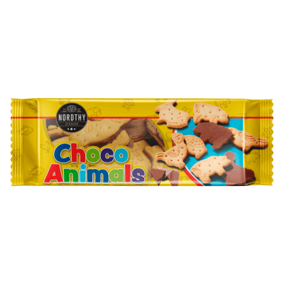 Zoom bild av Nordthy Choco Animals 105g, gul förpackning med djurformade kex med chokladbotten från Danmark